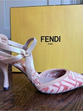 Fendi Zucca Colibri Pointed-Toe Cross-Strap Slingback Pumps size 38